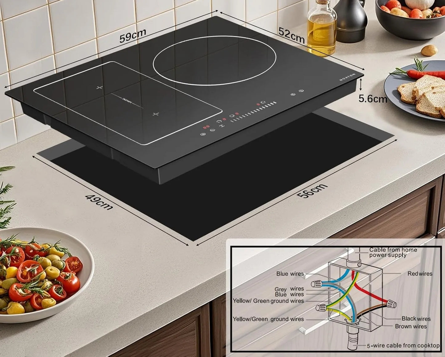 NOXTON Induction Hob 3-Burner, 60cm Built in Induction Hob, Electric Hob with Touch Control, Timer, Safety Lock, 5200Watts, wi