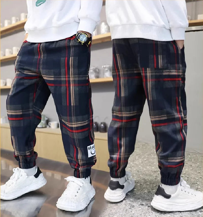 Boys Thick Plaid Pants Spring Autumn Girls Plus Velvet Warm Drawstring Kids Trend Trousers Fashion Teen Sport Casual Pants 4-12Y
