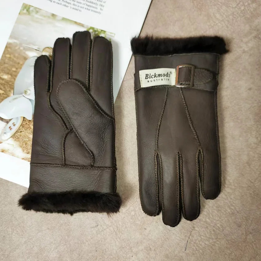 Winter Thickened Children's Sheepskin Fur Gloves Boys and Girls Windproof Warm Students Cold-Proof Leather Finger Gloves