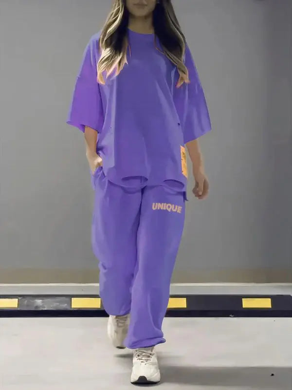Summer New Fashion Hollowed Out O Neck T Shirt Women's 2 Piece Set Solid Color Casual Relaxed Tracksuit Pants Pocket Female Suit