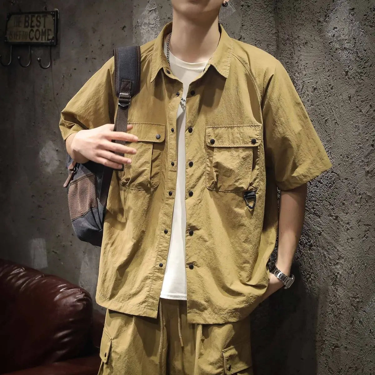 Trendy Cargo Summer Clothes Set Men Short Sleeve Shirt with Pockets And Shorts Solid Casual Safari Outdoor Outfits