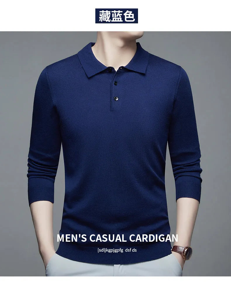 Men's Fine Wool Sweater Polo Collar Pullover Spring Autumn New Cashmere Knitwear Smart Casual Loose Men's Shirts Warm Soft Tops