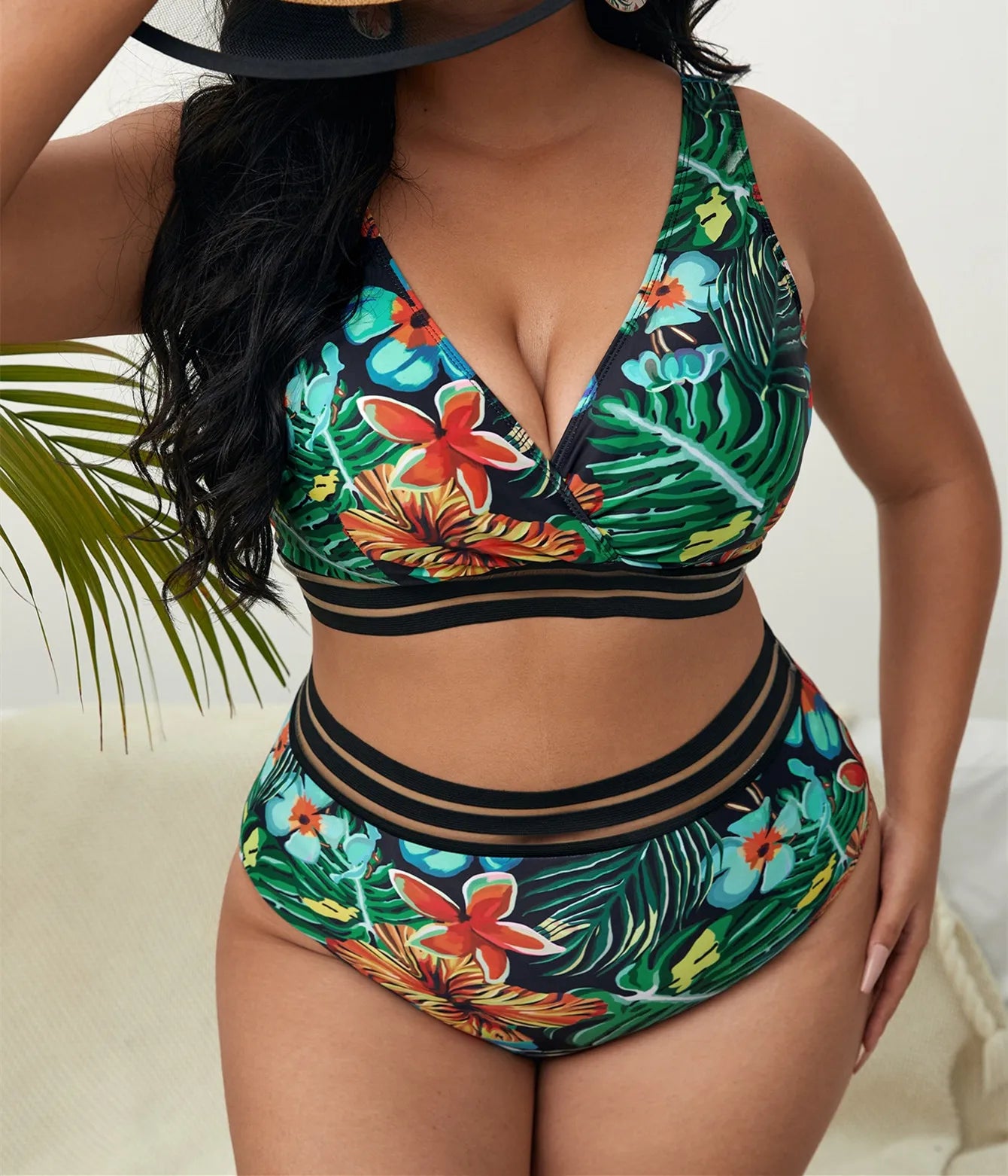Plus Size Swimsuit Leaves Printed High Waist Two Pieces Bikini Set Swimsuit Female Women Beachwear Swimwear Bather Bathing Suit
