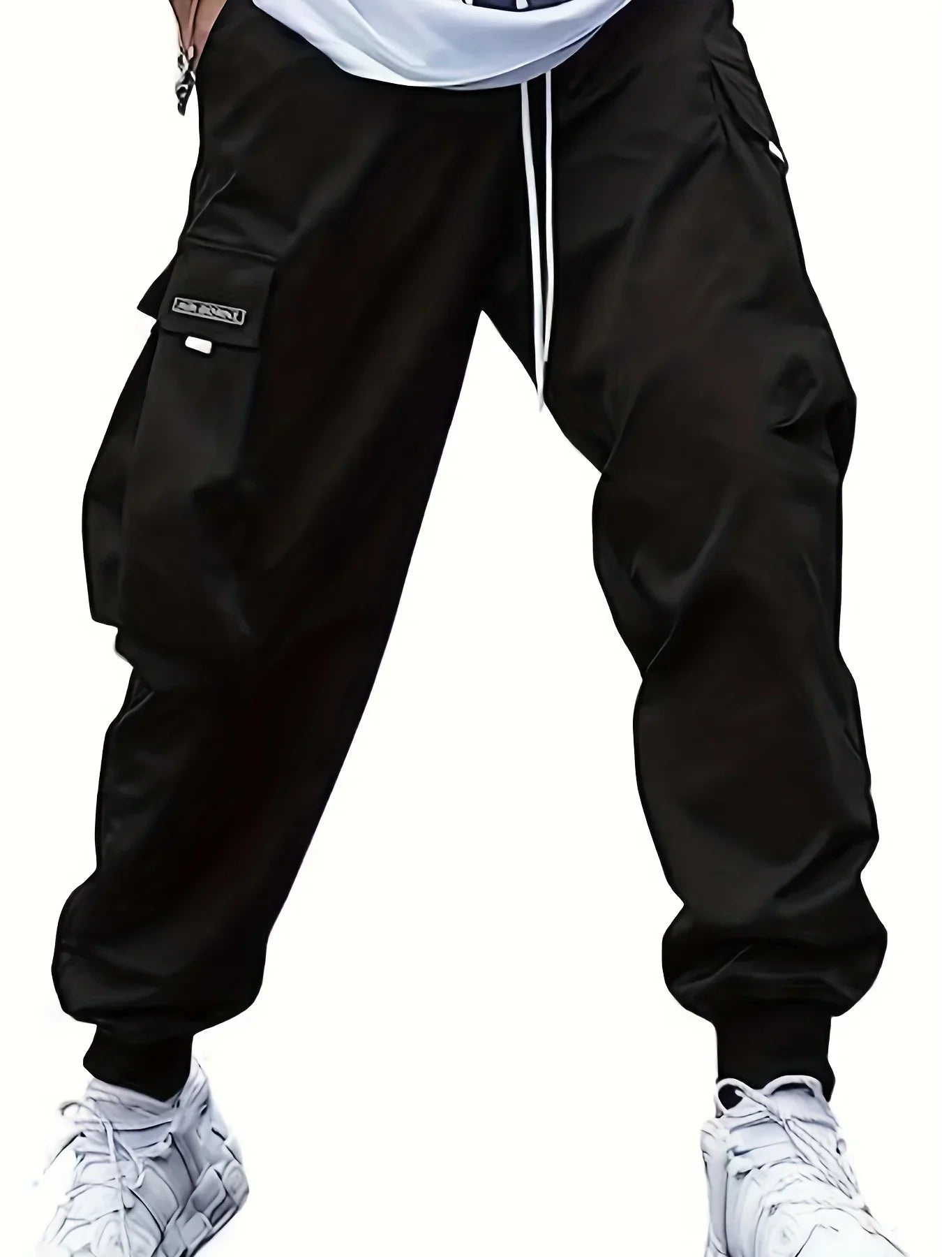 Plus Size Solid Color Spring Summer Men Casual Drawstring Cargo Pants Pockets Black Loose Out Door Elasticity Oversize Pants