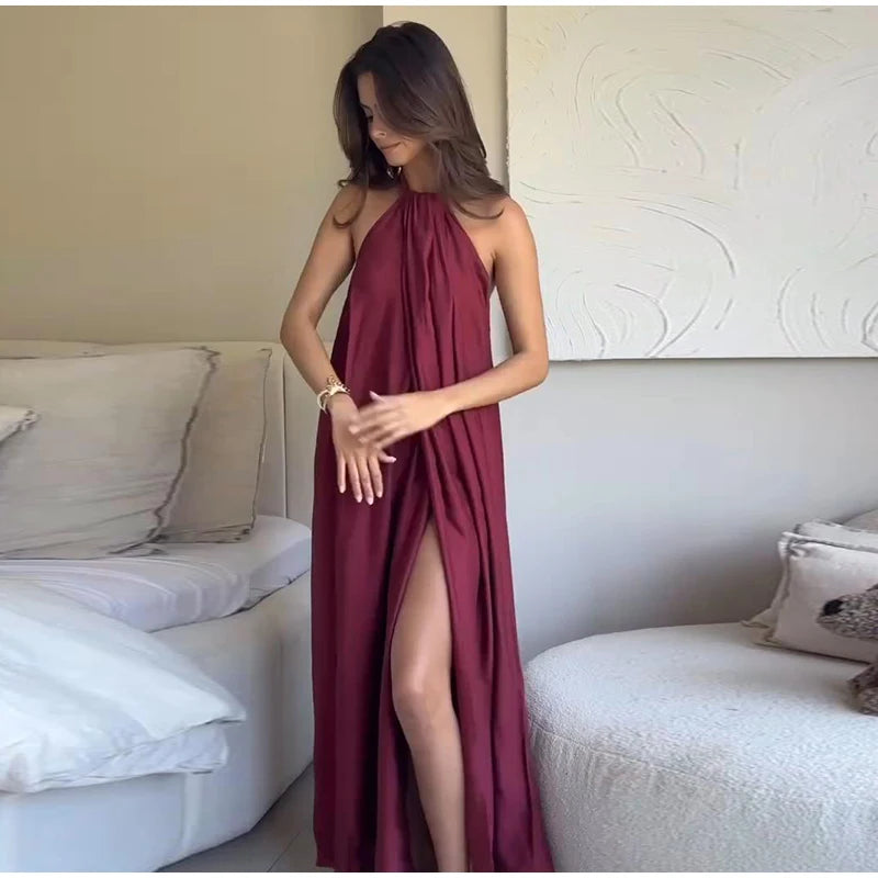 Fashion Women' S Long Dresses Halter Elegant Backless Sleeveless Split Dress Female Summer New Lady Beach Vacation Robes
