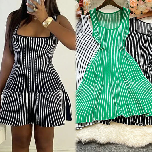 YuooMuoo Chic Fashion Sexy Slim Waist Knitted Short Dress Ins Hot 2025 Women Y2K Vertical Stripes Summer Dress Party Vestidos
