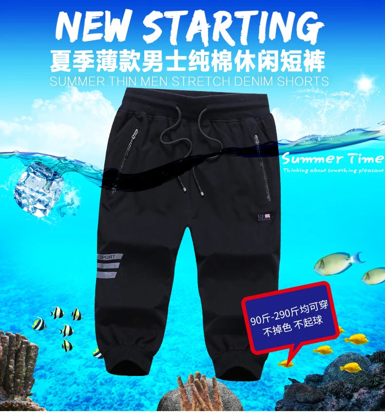 Long Three Quarter Men's Shorts Cotton Elastic Summer Bermuda Male 3/4 Calf Big Size Plus Large 6XL 7XL 8XL 9XL Cuff Below Knee