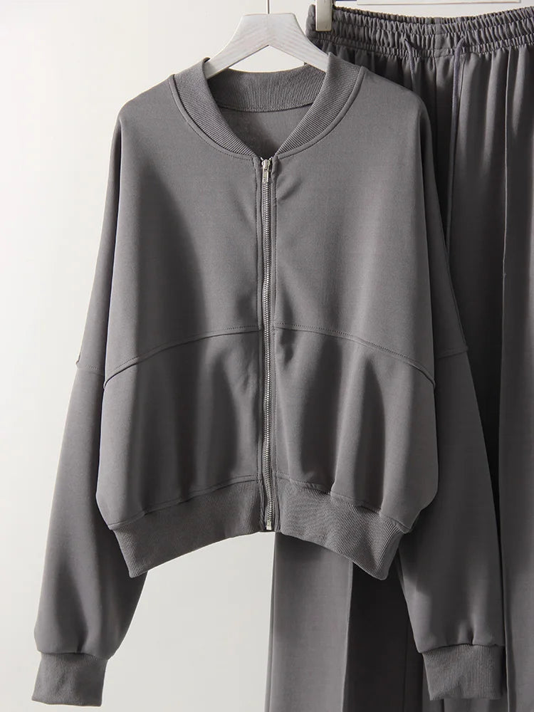 Gray Straight Pants Two Pieces Sets Women Outfit Long Sweatpants Street Wear Zipper Jacket Track Suits Sweatshirt Sets For Women
