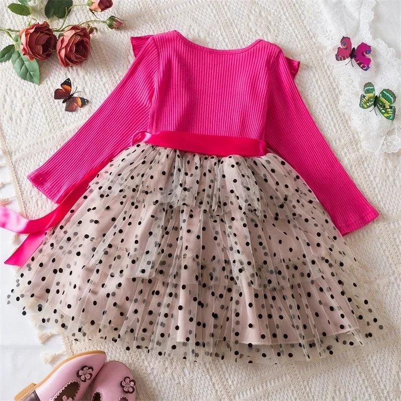 2025 New Kids Dresses for Girls Long Sleeve Fall Dress Polka Dot Birthday Party Costume Autumn Winter Dress Children Clothing