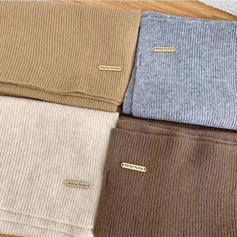 New Korean Style Thick Warm Metal Logo Long Scarf Winter Knitted Solid Color Womens Scarf