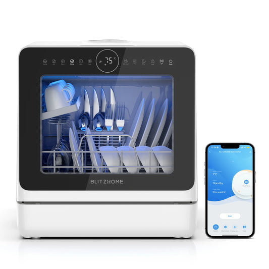 BLITZHOME BH-4-CDW Compact Smart Countertop Dishwasher APP Control 8 Programs 3D 360° Dual Spray With 5L Built-in Water Tank