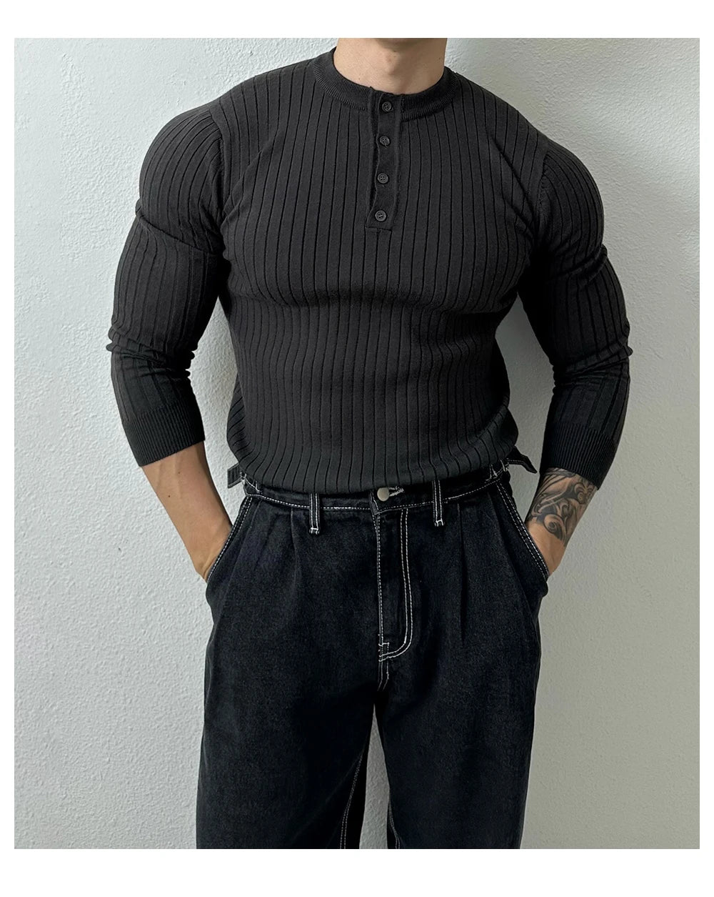Autumn Clothing Men's Light Luxury Knit Korean Popular Henry Collar T-shirt Button-down Long Sleeve Retro Leisure Knitwear