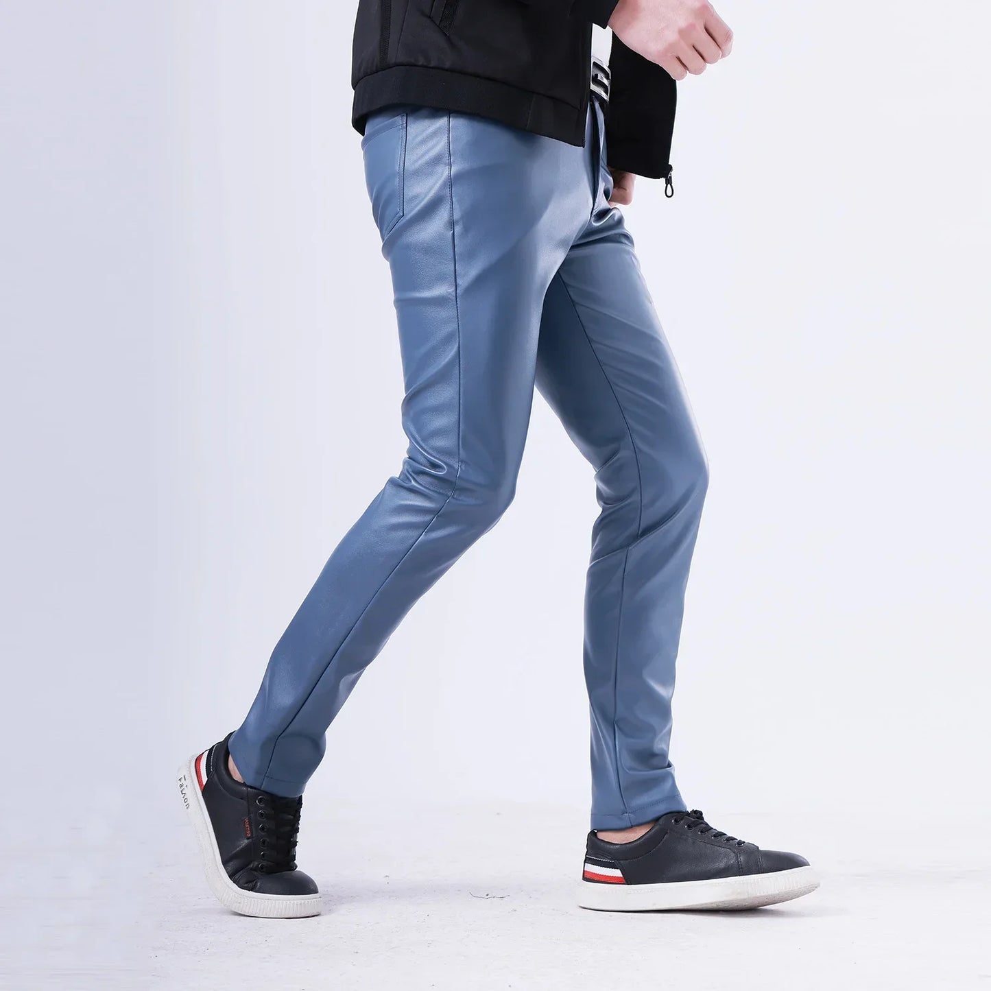 Spring Autumn Stretch Skinny Faux Leather Pants Men Black White Red Blue Khaki Grey PU Pants Plus Size 40 Men Joggers
