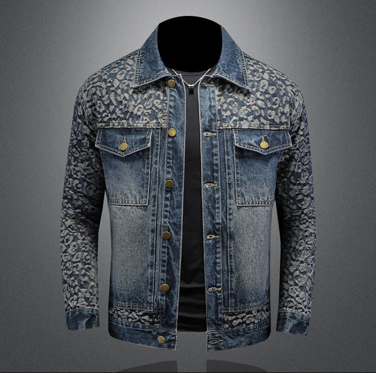 High Quality Jacquard Spliced Denim Jacket for Men Casual Business Social Denim Social Streetwear Jacket Outwear Coat 2025