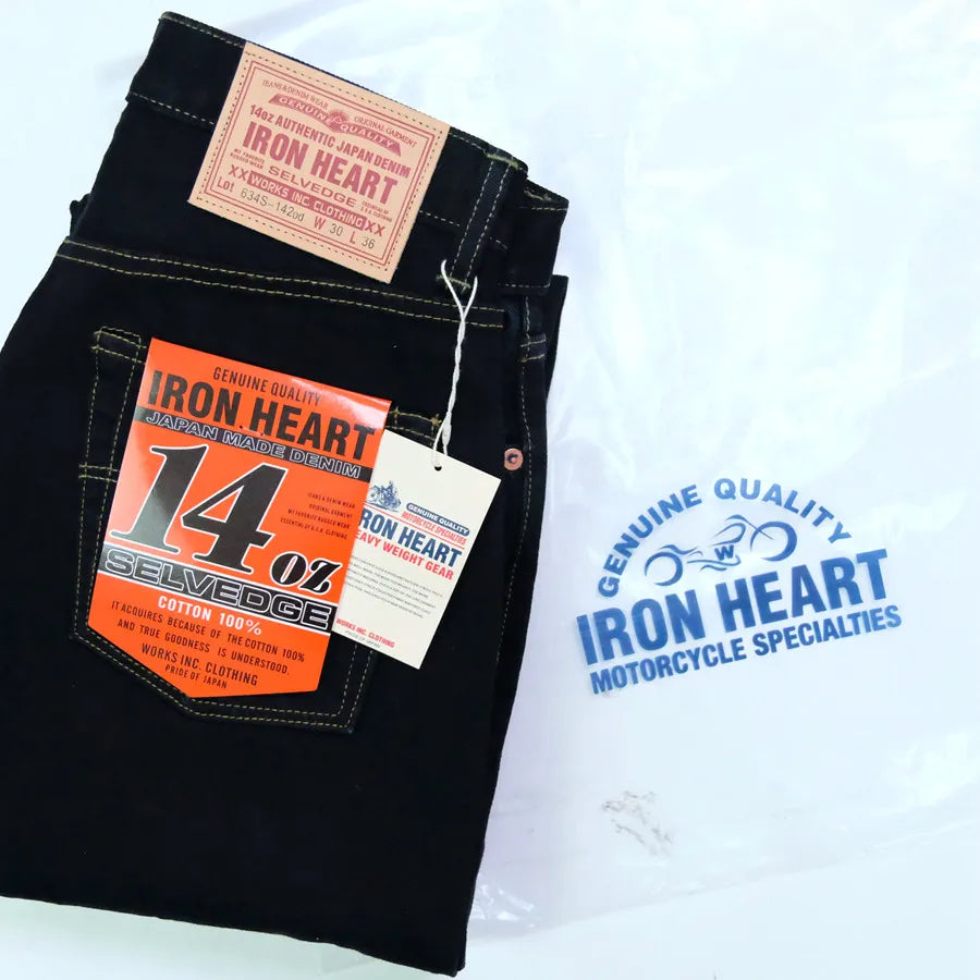 IRON HEART Indigo-Sulfide Black 634s Double Dyed 14oz Denim Jeans, One Wash