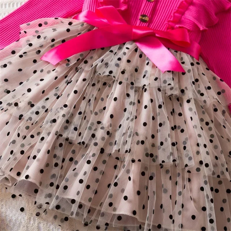 2025 New Kids Dresses for Girls Long Sleeve Fall Dress Polka Dot Birthday Party Costume Autumn Winter Dress Children Clothing