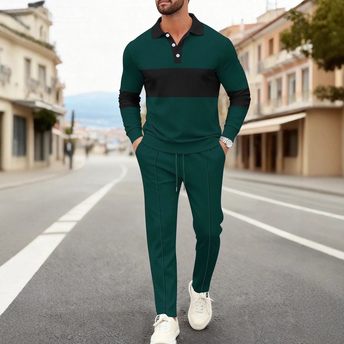 Men's Fashion 2-Piece Outfit Waffle Knit Polo Neck Top & Straight Leg Pants Set Casual Sporty Color Block Tracksuit