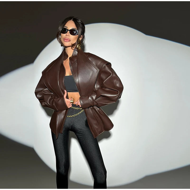 Faux Leather Jacket Women Turn-down Collar Zipper Front Puffy Sleeves Stylish Waist Cinching Coat 2025 Female Winter Outerwear
