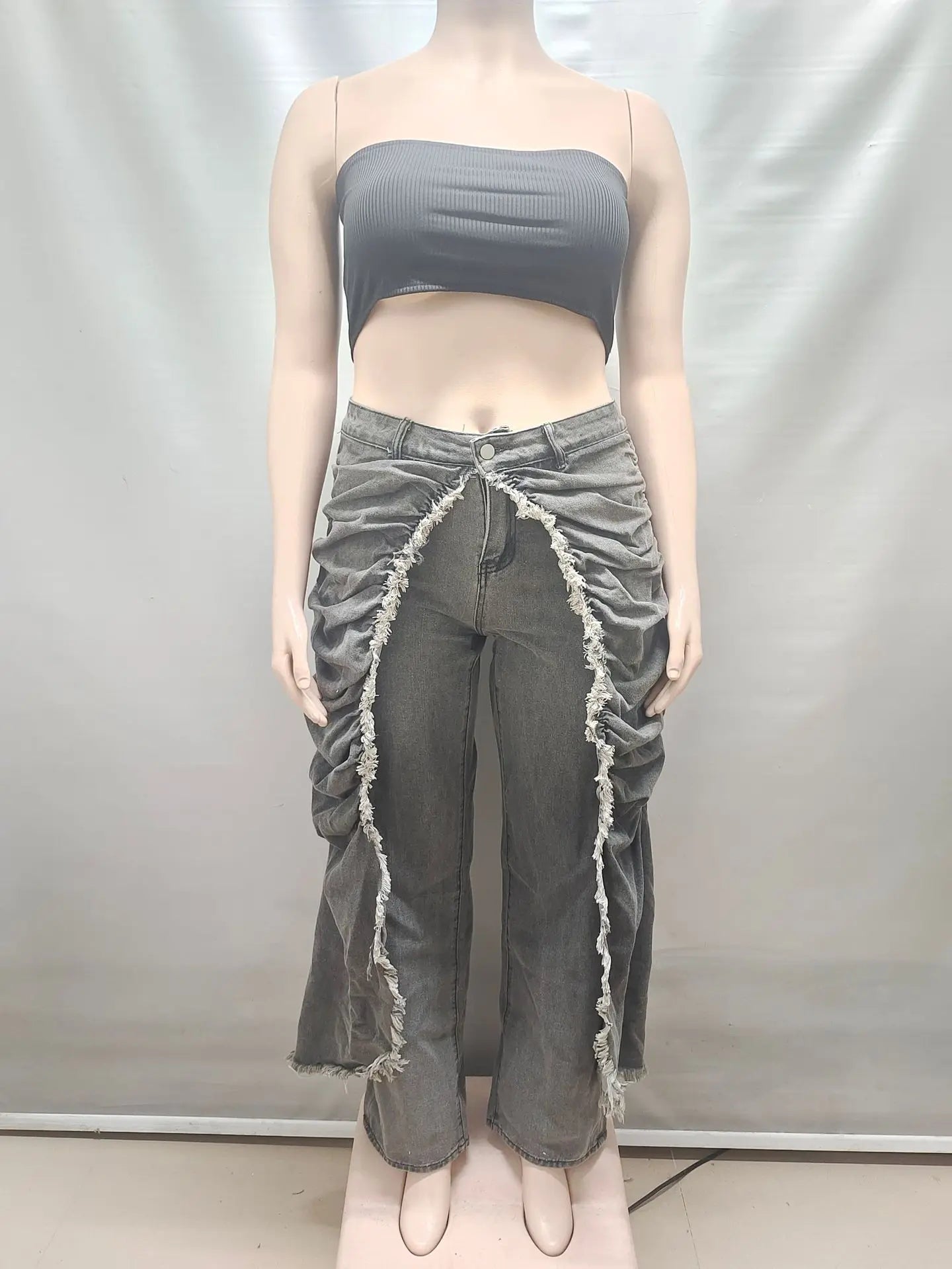 Women Solid Jeans Pants Denim Pleated Trousers Fuzzy Edge Full Lenth Mid Waist Zipper Straight Y2k Streetwear Casual 2026 Spring