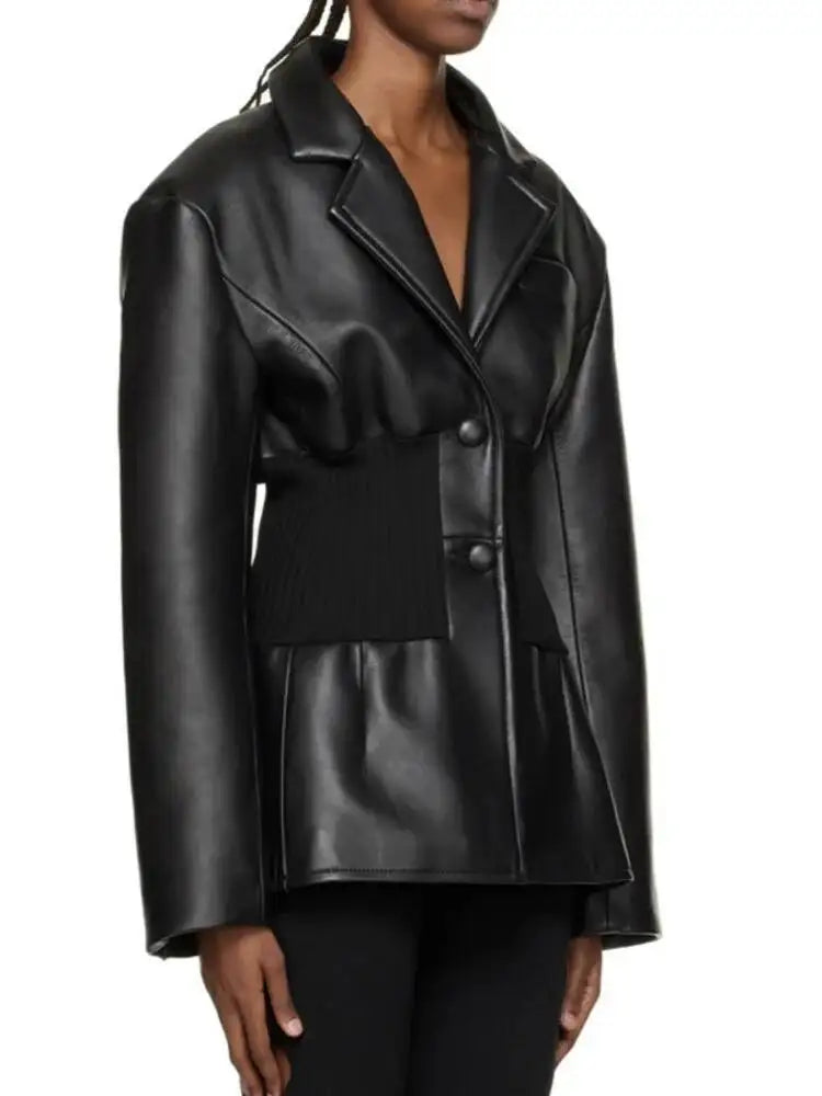 DEAT Fashion Women's Blazer Notched Collar PU Patchwork Knitted Super Waist Silhouette Suit Jackets Spring 2025 New 17A2010H