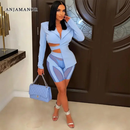 ANJAMANOR Two Piece Club Outfits Women Sexy Asymmetric Blazer and Mesh Shorts Leggings Matching Sets Fall 2023 D58-ED25