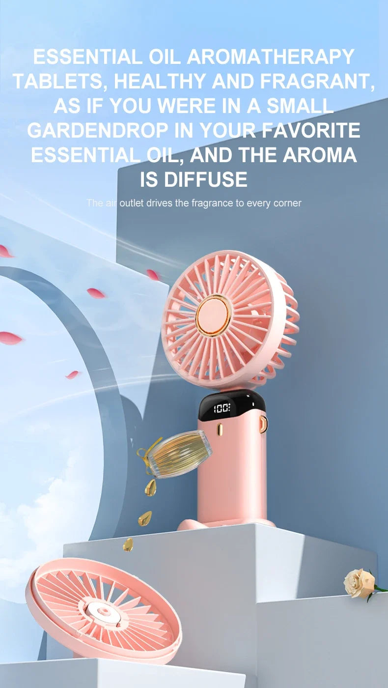 3000mAh Handheld Mini Fan Foldable Portable Neck Hanging Fans 5 Speed USB Rechargeable Fan with Phone Stand and Display Screen