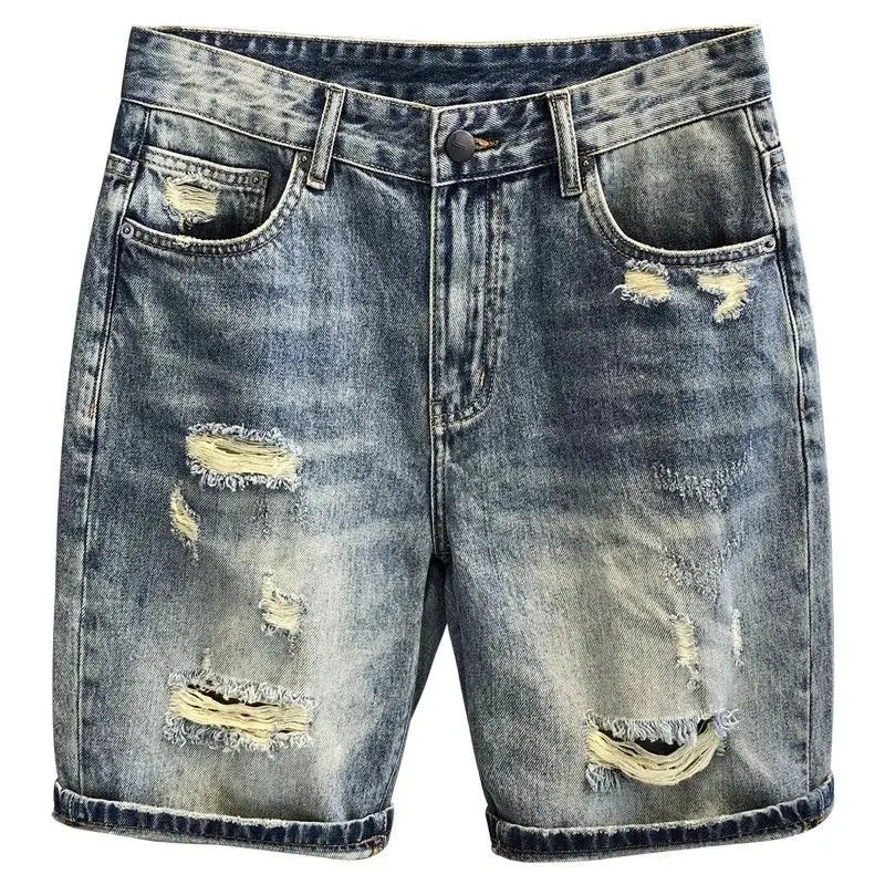 Summer 2025 Trend Ripped Denim Shorts Boys Handsome Retro Casual Five-point Pants Korean Trendy Mens Denim Short Jeans for Men