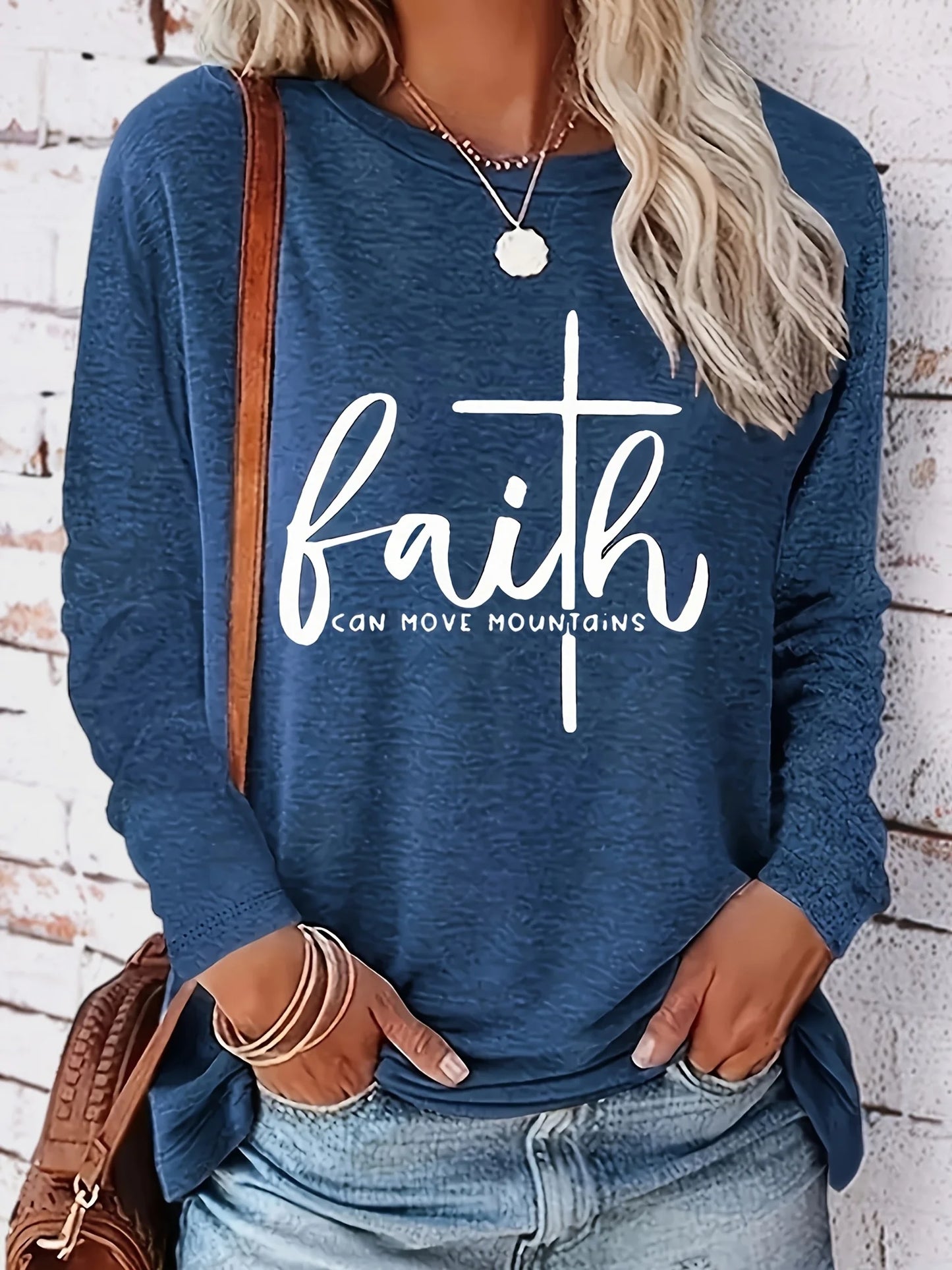 Women's Spring and Autumn 100% pure cotton fashionable casual loose letter pattern printed round neck long sleeved T-shirt top