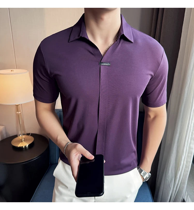 Luxury Purple Polo Shirts For Men High Quality Summer Short Sleeve Men's Polos Ice Silk Elastic Slim Fit Turn Down Collar Tees