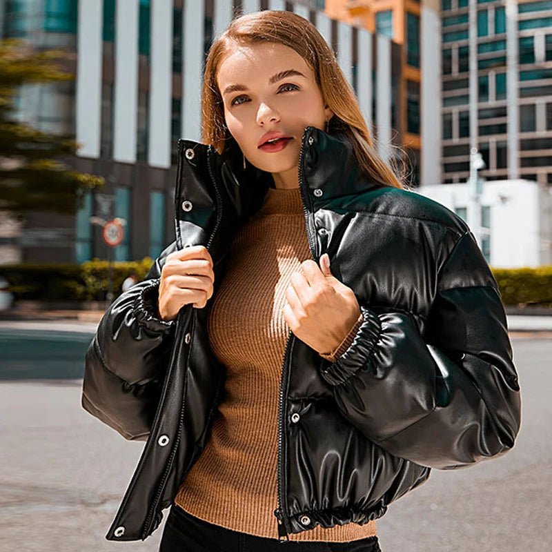 Winter Warm Thick PU Leather Coats Women Short Parkas Fashion Black Cotton Padded Lady Down Jacket Elegant Zipper Clothes 2025