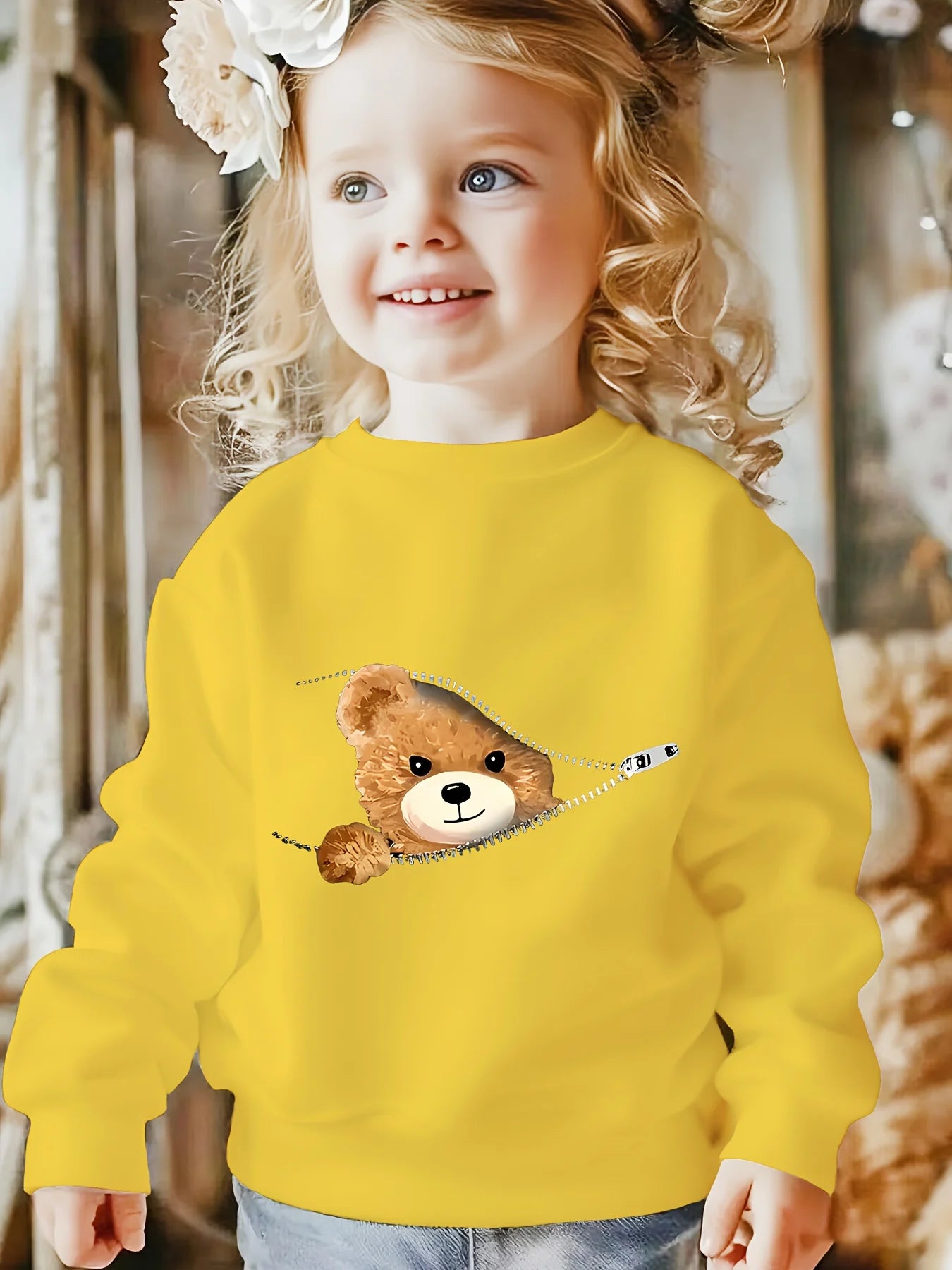 New fashionable children's casual creewneck sweatshirt, 3D printed zipper bear pattern, daily wear, soft texture, simple