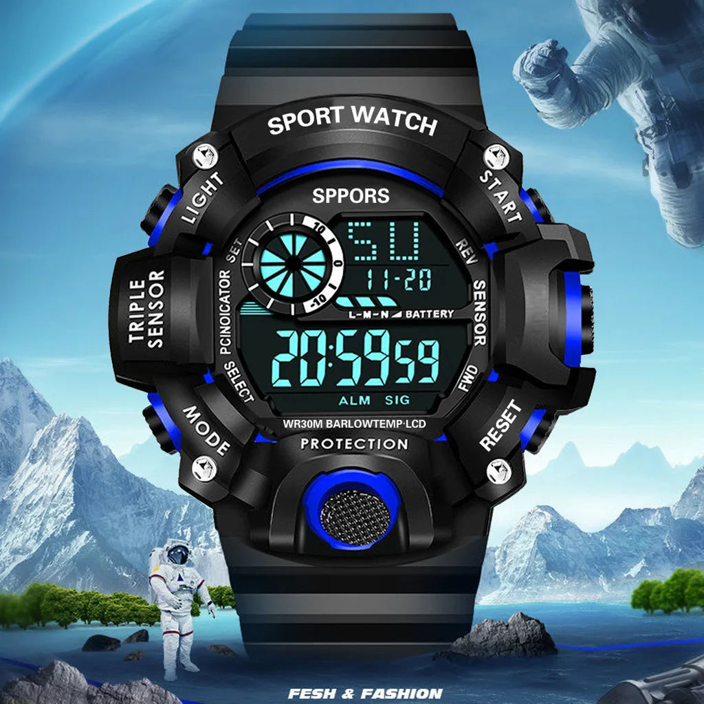 Men's Watch Fashion Sports Electronic Wristwatch Large dial Multifunctional Waterproof Luminous Alarm Kids Male's Military Watch