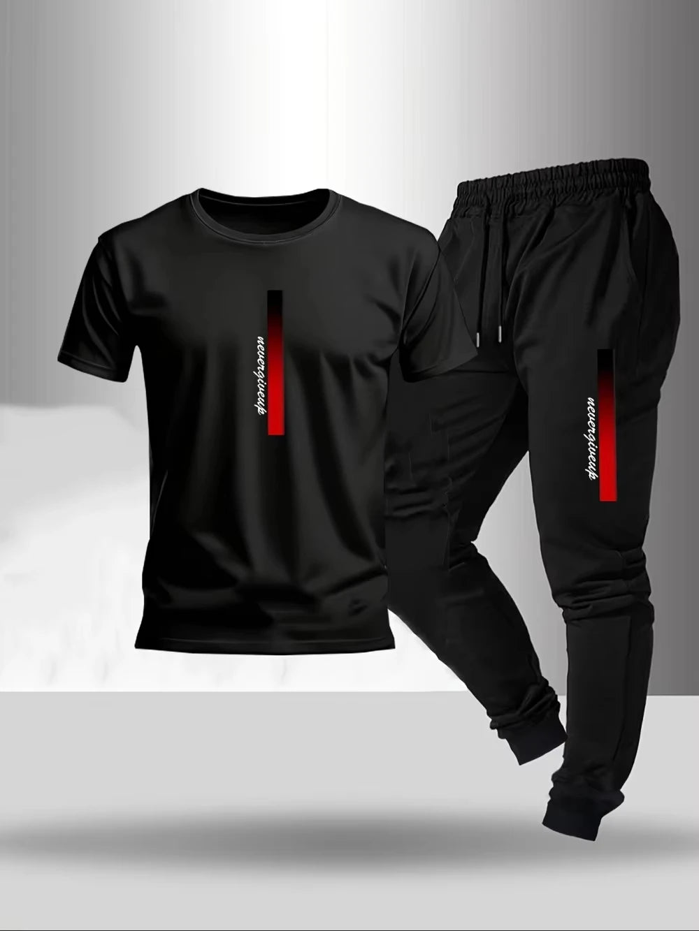 2026 New men's fashionable letter gradient printed breathable T-shirt and drawstring pants set suitable for outdoor casual wear