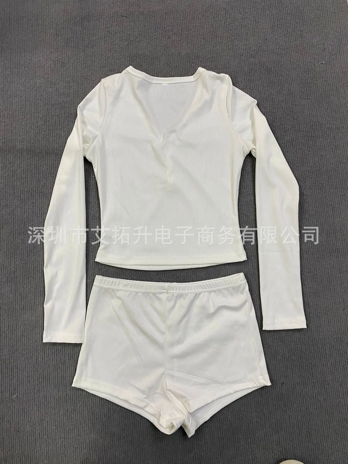 2025 Women 2 Piece Pajamas Shorts Set Long Sleeve V Neck Button Down Cropped Tops Sexy Bodycon Shorts Loungewear Clothes Females
