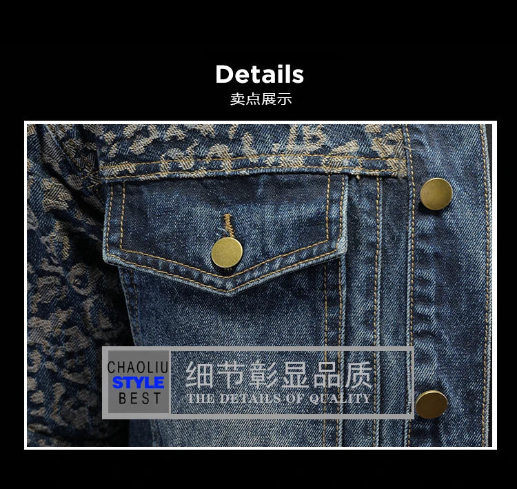 High Quality Jacquard Spliced Denim Jacket for Men Casual Business Social Denim Social Streetwear Jacket Outwear Coat 2025
