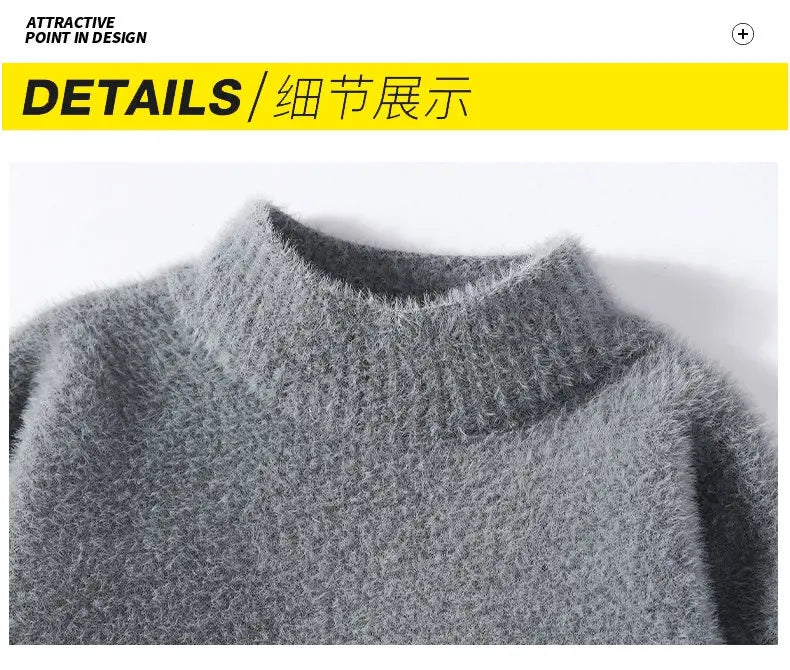 Thickened Winter Semi High Neck Knitted Sweater with Anti Pilling Splicing Men's Casual Long Sleeved Bottom Printed Pullover