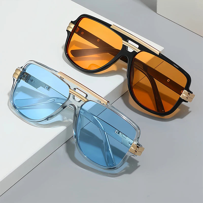CATERSIDE Retro Square Big Frame Sunglasses Men Flat Top Double Bridge Pilot Punk Sun Glasses Women's Party Travel Eyewear UV400