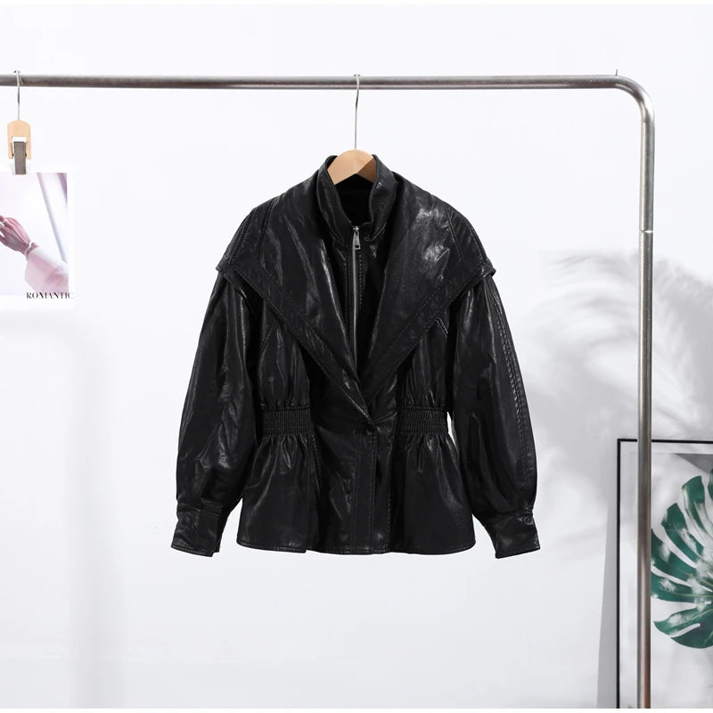 Faux Leather Jacket Women Turn-down Collar Zipper Front Puffy Sleeves Stylish Waist Cinching Coat 2025 Female Winter Outerwear