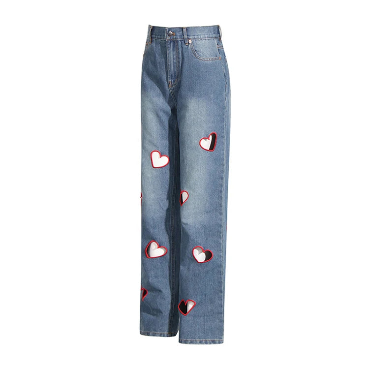 2025 Summer New Fashion Women's Jeans High Waist Straight Wide Leg Embroidery Heart Hollow Out Female Denim Pants