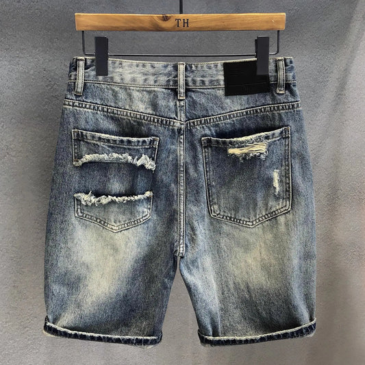 Summer 2025 Trend Ripped Denim Shorts Boys Handsome Retro Casual Five-point Pants Korean Trendy Mens Denim Short Jeans for Men