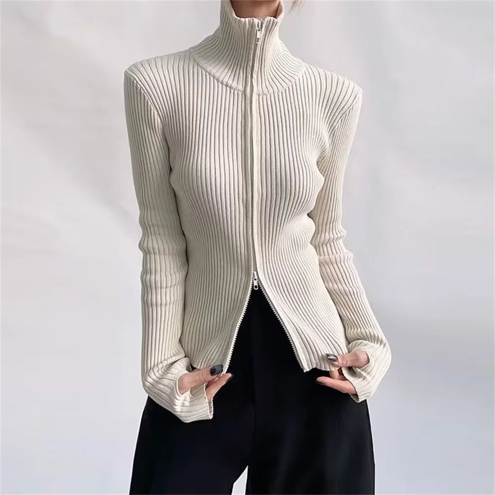 Fashion Korean New Spring Women High Elastic Slim Knitted Cardigan Woman Zipper Turtleneck Knitwear Long Sleeve Sweater Coat