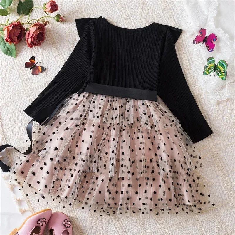 2025 New Kids Dresses for Girls Long Sleeve Fall Dress Polka Dot Birthday Party Costume Autumn Winter Dress Children Clothing