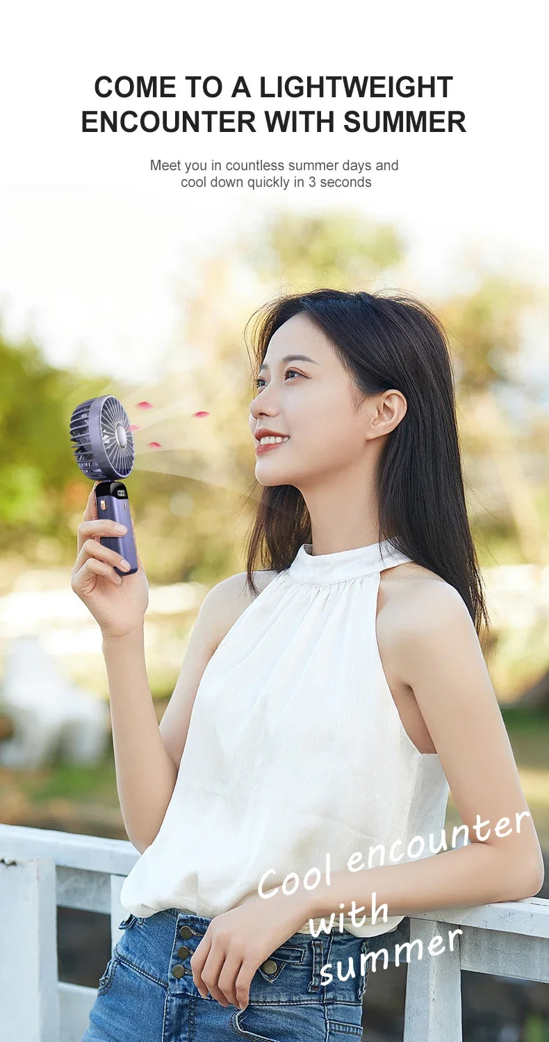3000mAh Handheld Mini Fan Foldable Portable Neck Hanging Fans 5 Speed USB Rechargeable Fan with Phone Stand and Display Screen
