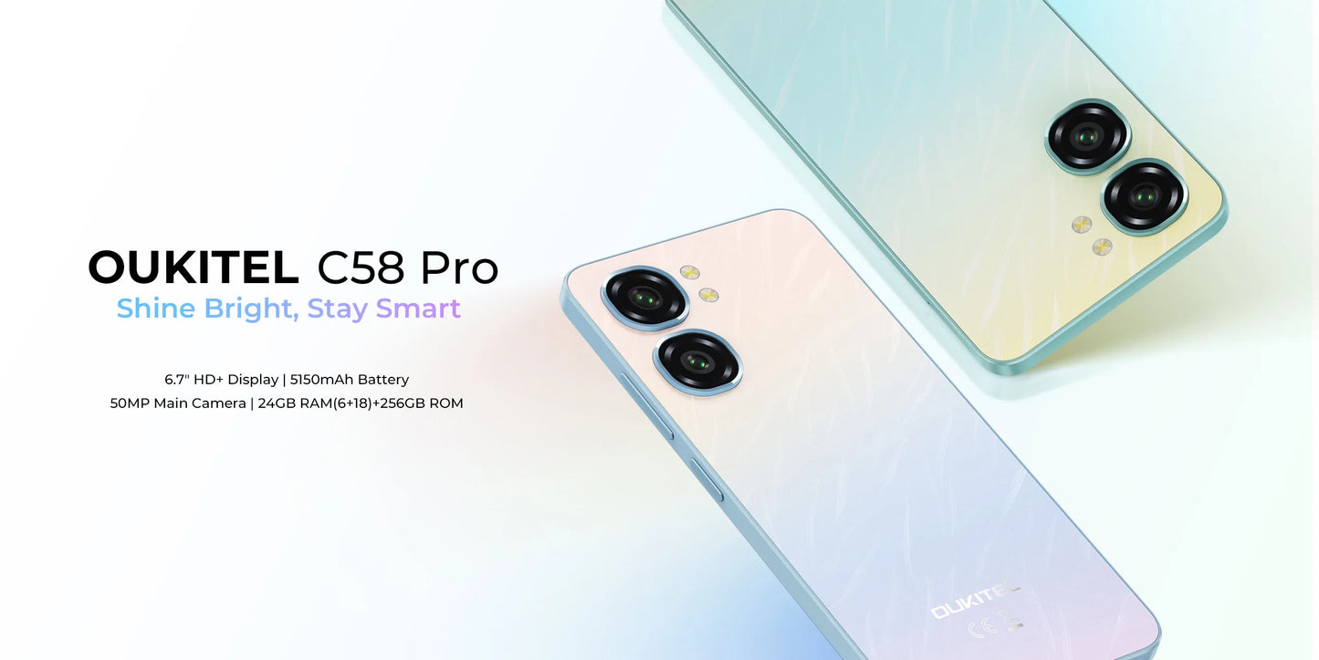 Oukitel C58 PRO smartphone 5150mAh Battery 24(6+18)GB+256GB 50MP Main Camera 6.7" HD+ Display