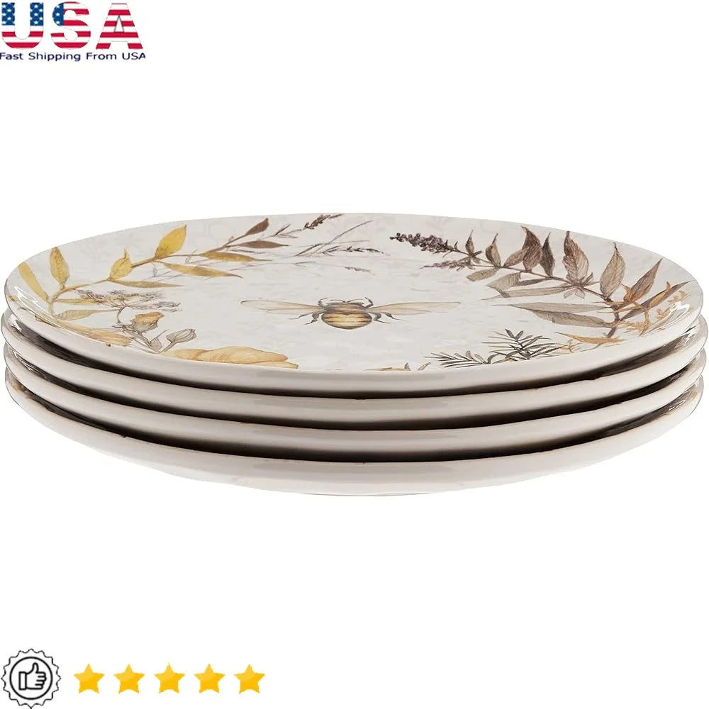 Floral Bee Design Ceramic Dinner Plates Set of 4 10.75 Inch Dishwasher Safe Nature Inspired Tableware Spring Entertaining