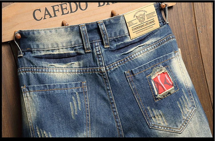 2025 Summer Ripped Denim Shorts Men's Loose Splicing Knee-length Casual Short Jeans Personality Streetwear Hip Hop Male Clothes