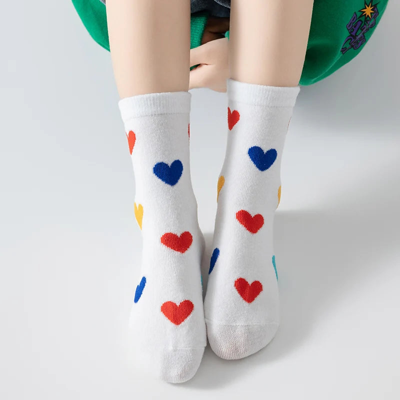 Three pairs of girls' socks for spring and autumn, sweet and versatile, with a heart-shaped color block design