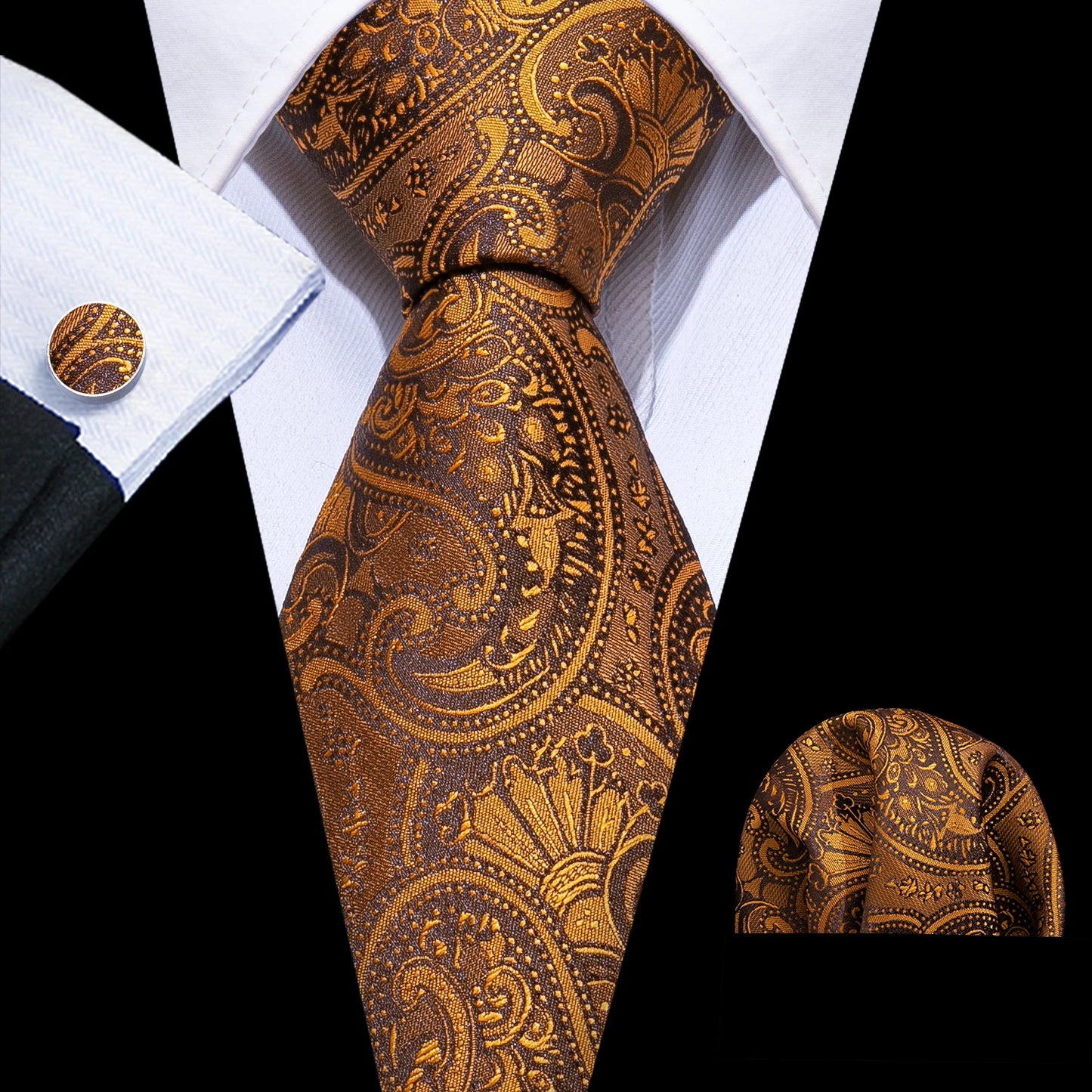 Barry.Wang Orange Brown Silk Mens Tie Hanky Cufflinks Set Gold Coffee Jacquard Designer Necktie For Male Wedding Business Party