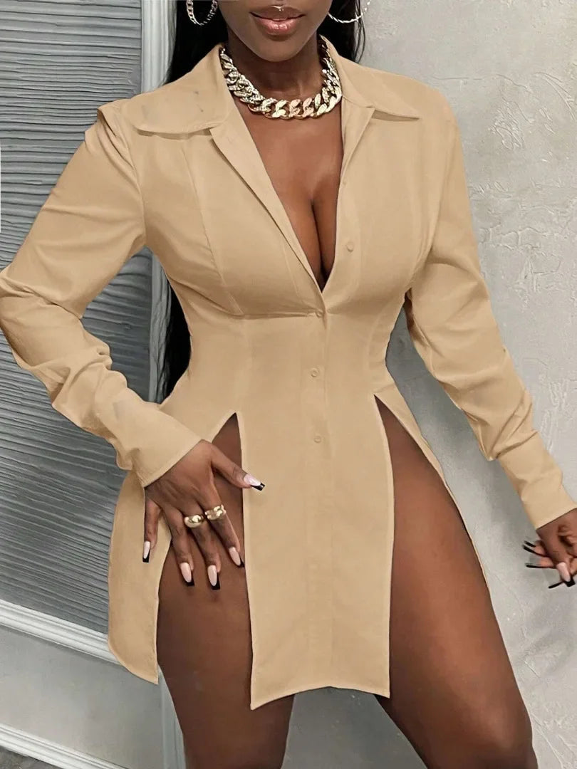 Fashionable Casual Slim Fit Long Sleeve Ladies Shirt Button Placket Split Hem Collared Top Women's Clothing Polyester Cotton
