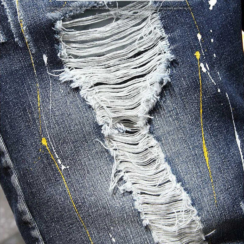 Plus Size 7XL 6XL Men's Summer Ripped Denim Shorts, Loose Straight-Cut, Painted Style, Fashionable Trendy Denim Cropped Pants